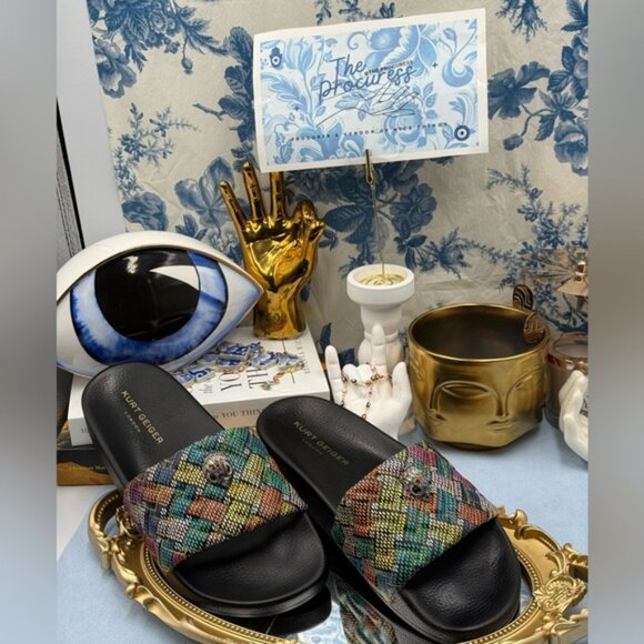 🆕 KURT GEIGER LONDON 🧿 NWOB Meena Eagle Slide, Black Rainbow Weave, Sz 40 US 9 - Picture 2 of 14